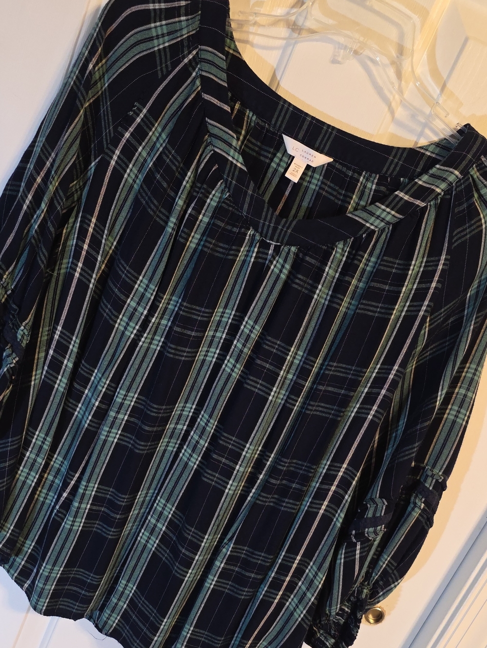 LC Lauren Conrad Navy and Teal Plaid Tunic Top